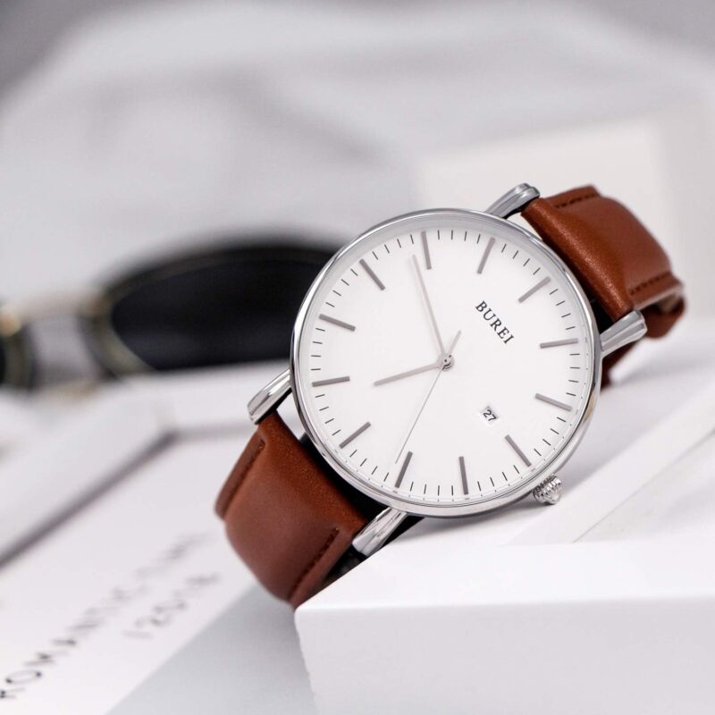 BUREI Men's Fashion Minimalist Wrist Watch Analog Date with Leather Strap - Image 4