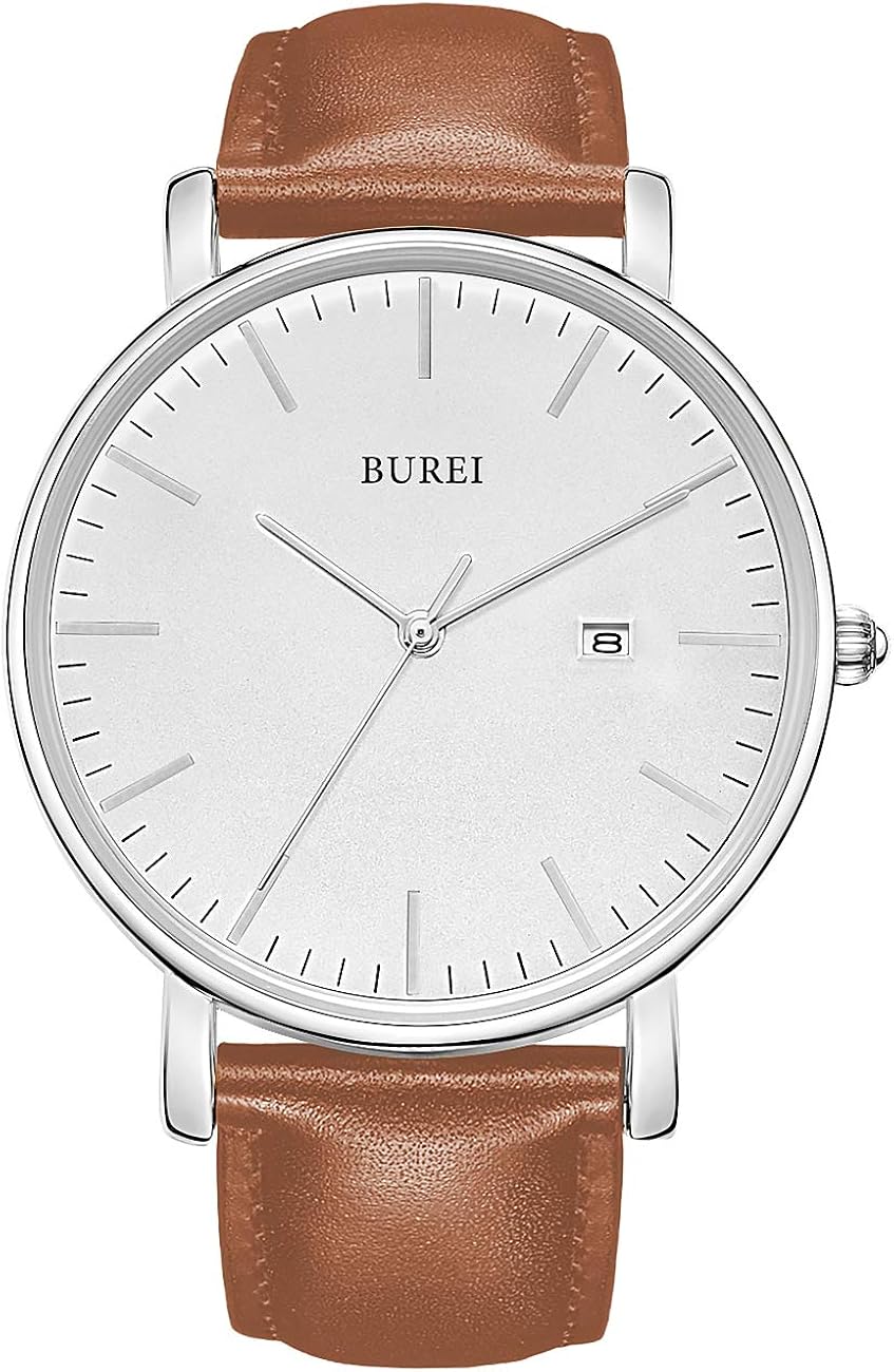 BUREI Men's Fashion Minimalist Wrist Watch Analog Date with Leather Strap