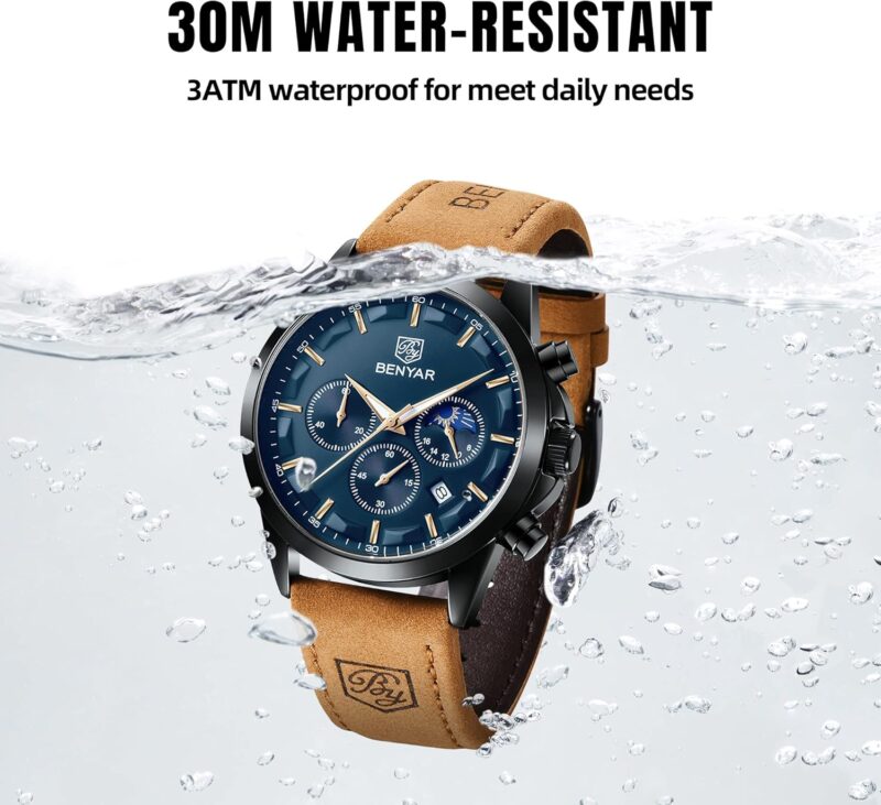 BY BENYAR Men's Watches Waterproof Sport Military Watch for Men Multifunction Chronograph Black Fashion Quartz Wristwatches Calendar with Leather Strap - Image 4