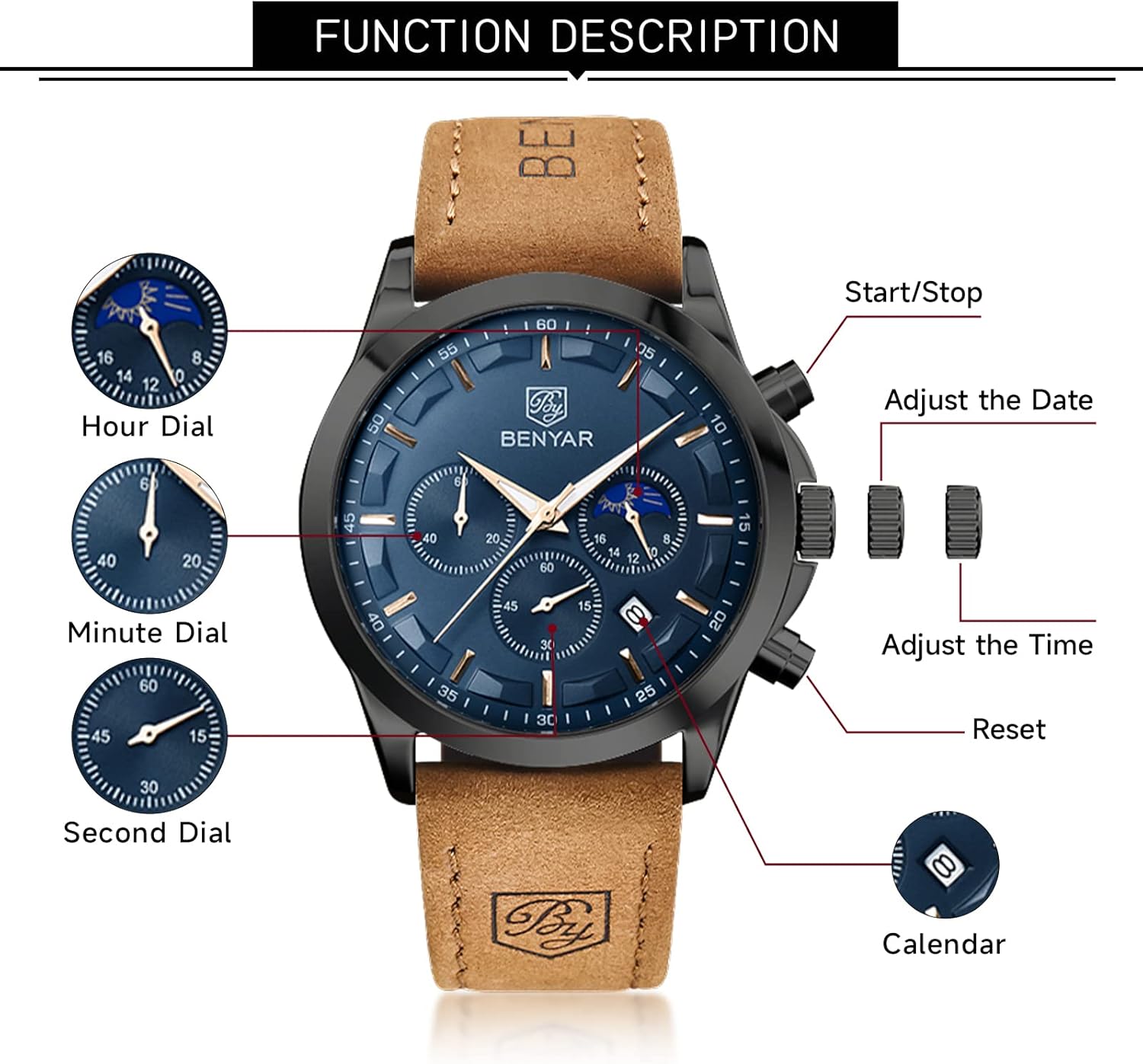 BY BENYAR Men's Watches Waterproof Sport Military Watch for Men Multifunction Chronograph Black Fashion Quartz Wristwatches Calendar with Leather Strap - Image 5