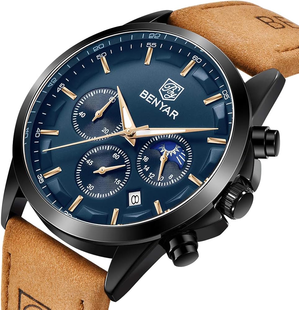 BY BENYAR Men's Watches Waterproof Sport Military Watch for Men Multifunction Chronograph Black Fashion Quartz Wristwatches Calendar with Leather Strap - Image 8
