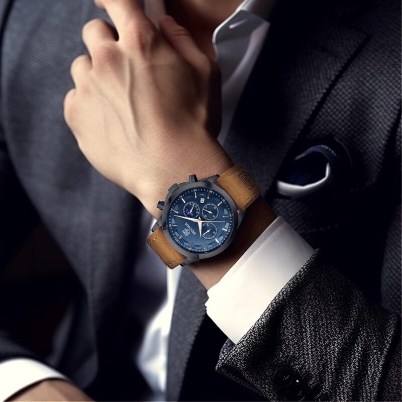 BY BENYAR Men's Watches Waterproof Sport Military Watch for Men Multifunction Chronograph Black Fashion Quartz Wristwatches Calendar with Leather Strap - Image 3