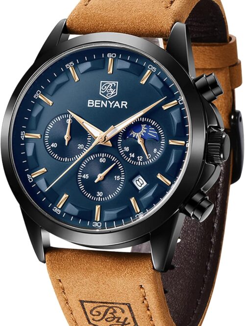BY BENYAR Men's Watches Waterproof Sport Military Watch for Men Multifunction Chronograph Black Fashion Quartz Wristwatches Calendar with Leather Strap