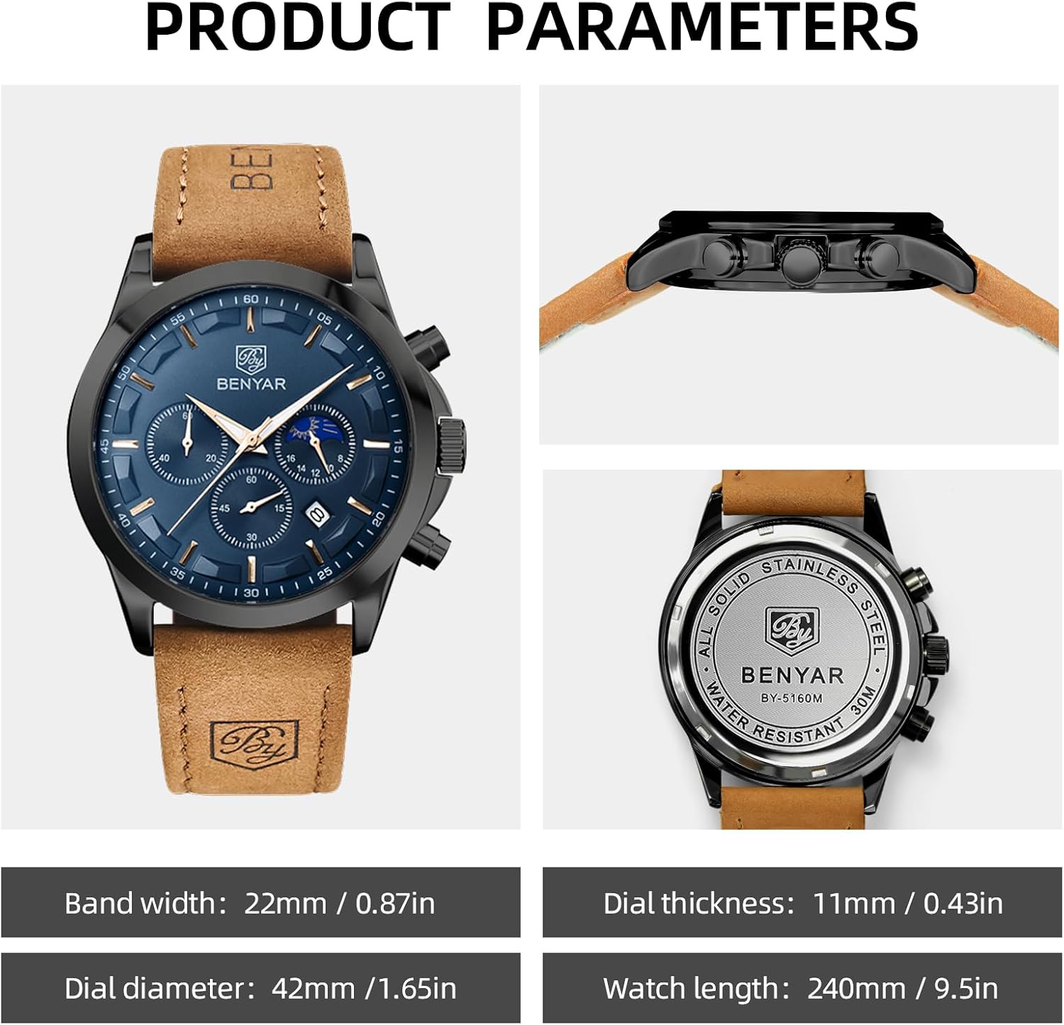 BY BENYAR Men's Watches Waterproof Sport Military Watch for Men Multifunction Chronograph Black Fashion Quartz Wristwatches Calendar with Leather Strap - Image 6