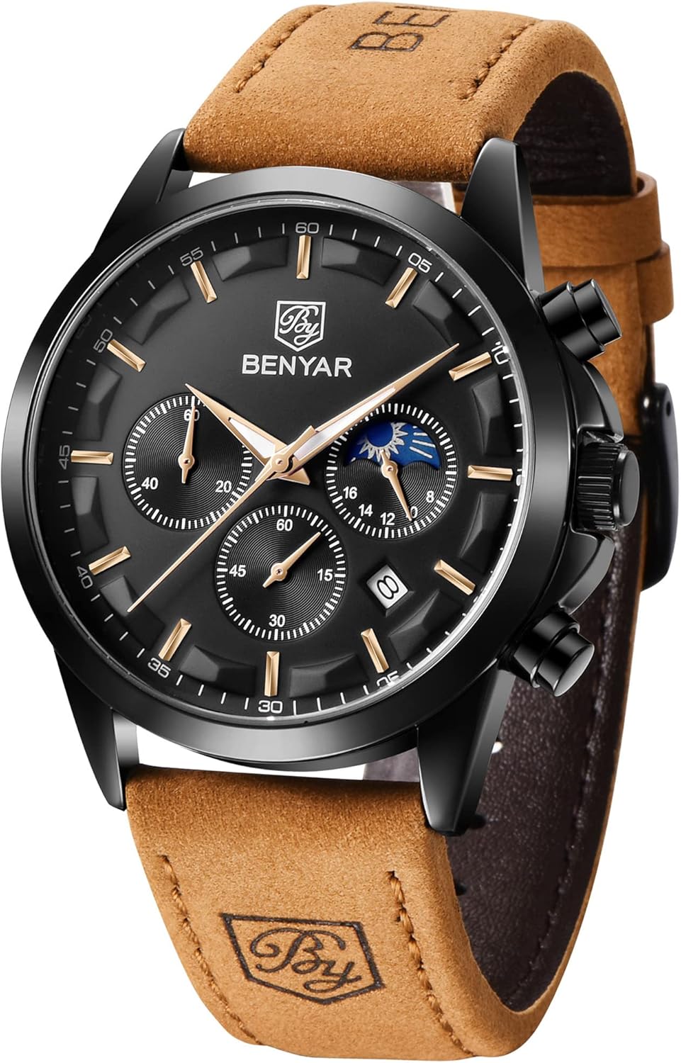 BY BENYAR Men's Watches Waterproof Sport Military Watch for Men Multifunction Chronograph Black Fashion Quartz Wristwatches Calendar with Leather Strap - Image 9