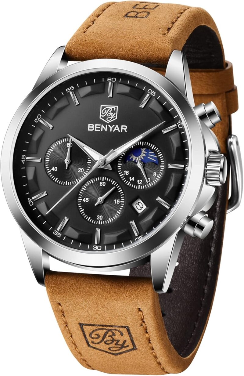 BY BENYAR Men's Watches Waterproof Sport Military Watch for Men Multifunction Chronograph Black Fashion Quartz Wristwatches Calendar with Leather Strap - Image 10