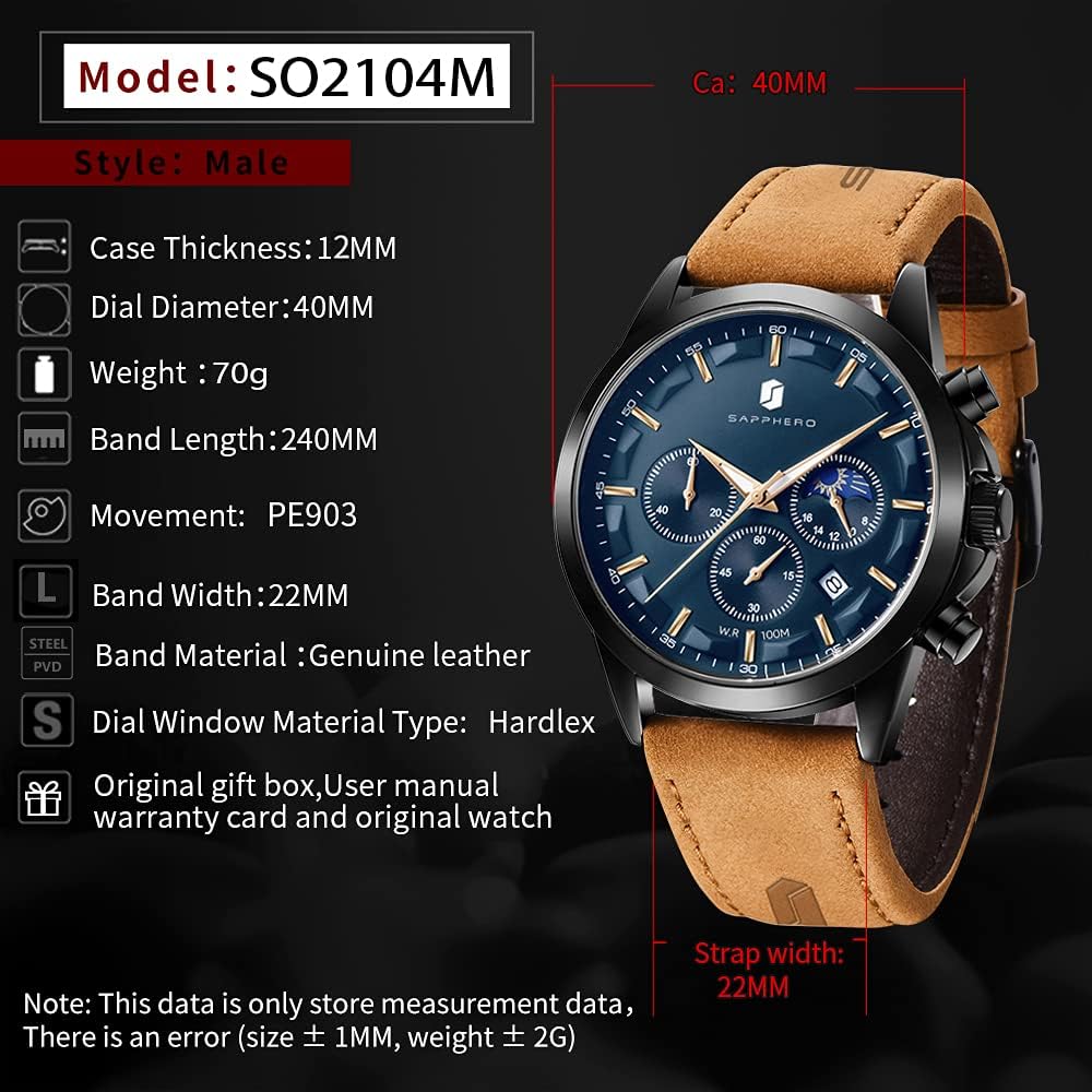 BY BENYAR SAPPHERO Watches for Men 100M Waterproof Chronograph Mens Watch Analog Quartz Movement Wrist Watch Stainless Steel&Leather Strap\u2026 - Image 6