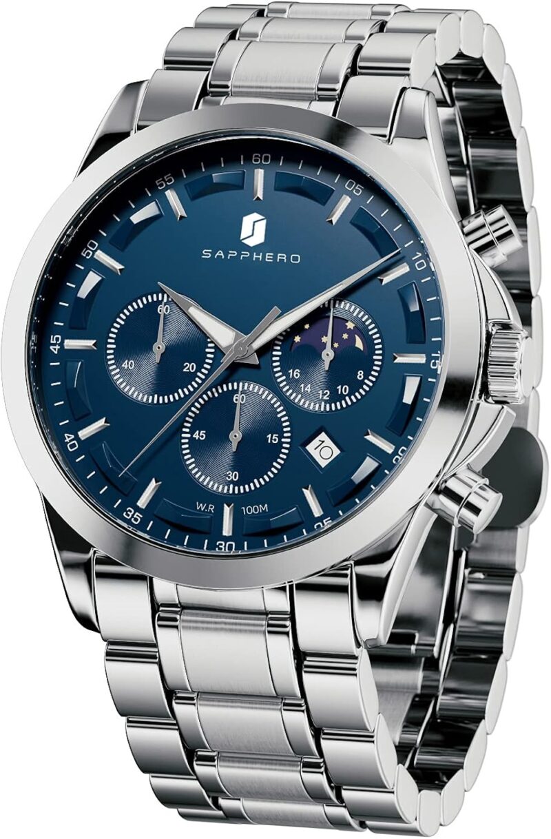 BY BENYAR SAPPHERO Watches for Men 100M Waterproof Chronograph Mens Watch Analog Quartz Movement Wrist Watch Stainless Steel&Leather Strap\u2026 - Image 8