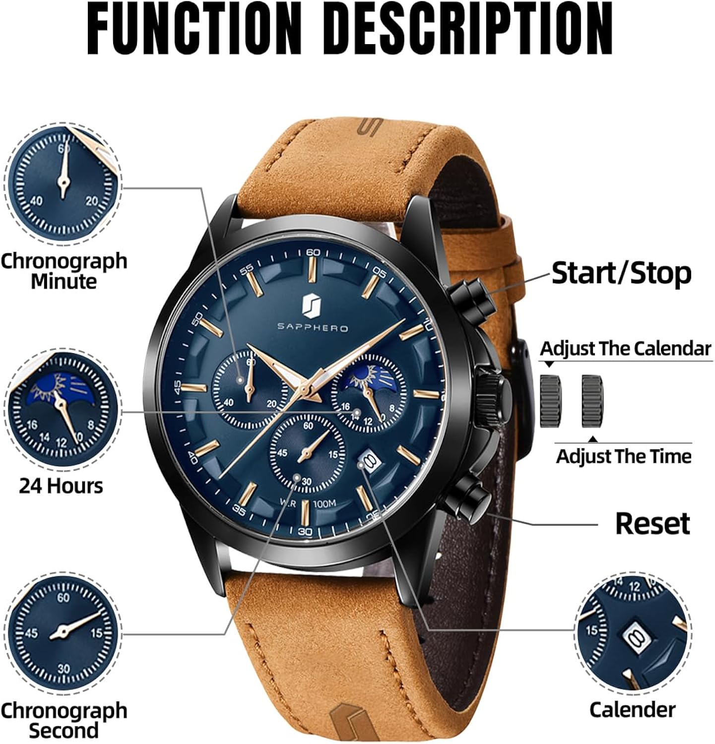 BY BENYAR SAPPHERO Watches for Men 100M Waterproof Chronograph Mens Watch Analog Quartz Movement Wrist Watch Stainless Steel&Leather Strap\u2026 - Image 2
