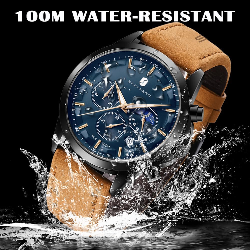 BY BENYAR SAPPHERO Watches for Men 100M Waterproof Chronograph Mens Watch Analog Quartz Movement Wrist Watch Stainless Steel&Leather Strap\u2026 - Image 3