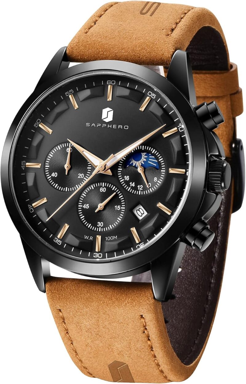 BY BENYAR SAPPHERO Watches for Men 100M Waterproof Chronograph Mens Watch Analog Quartz Movement Wrist Watch Stainless Steel&Leather Strap\u2026 - Image 7