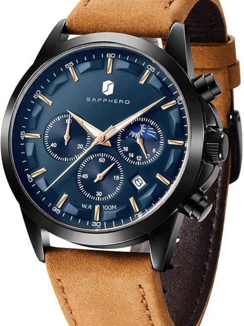 BY BENYAR SAPPHERO Watches for Men 100M Waterproof Chronograph Mens Watch Analog Quartz Movement Wrist Watch Stainless Steel&Leather Strap\u2026