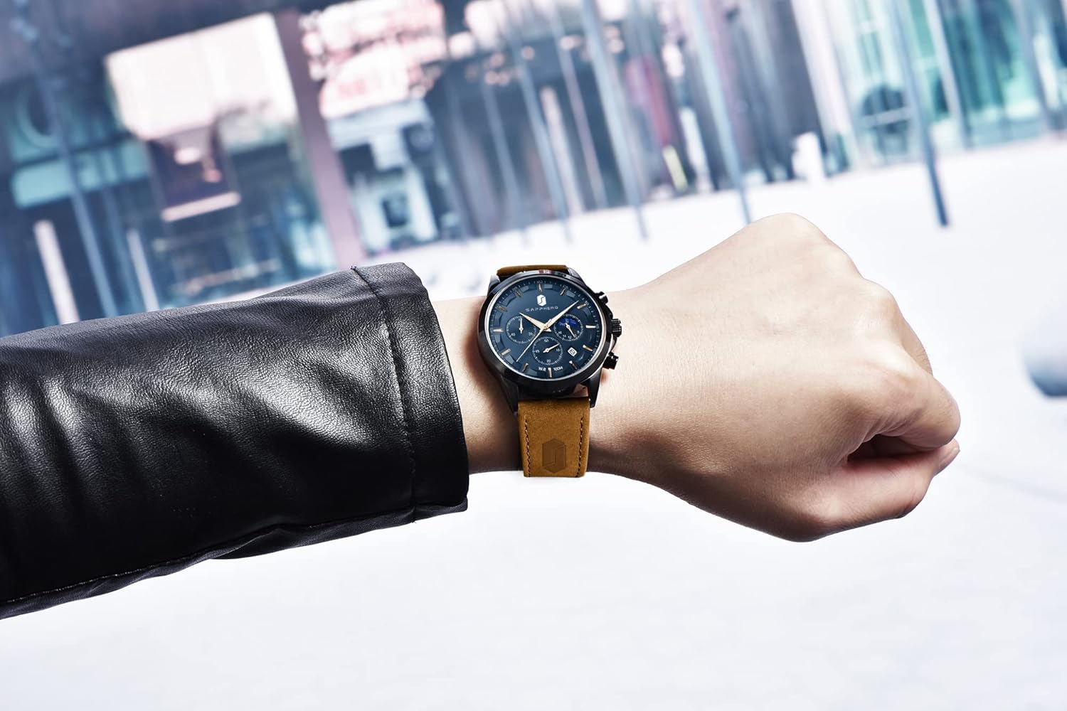 BY BENYAR SAPPHERO Watches for Men 100M Waterproof Chronograph Mens Watch Analog Quartz Movement Wrist Watch Stainless Steel&Leather Strap\u2026 - Image 5