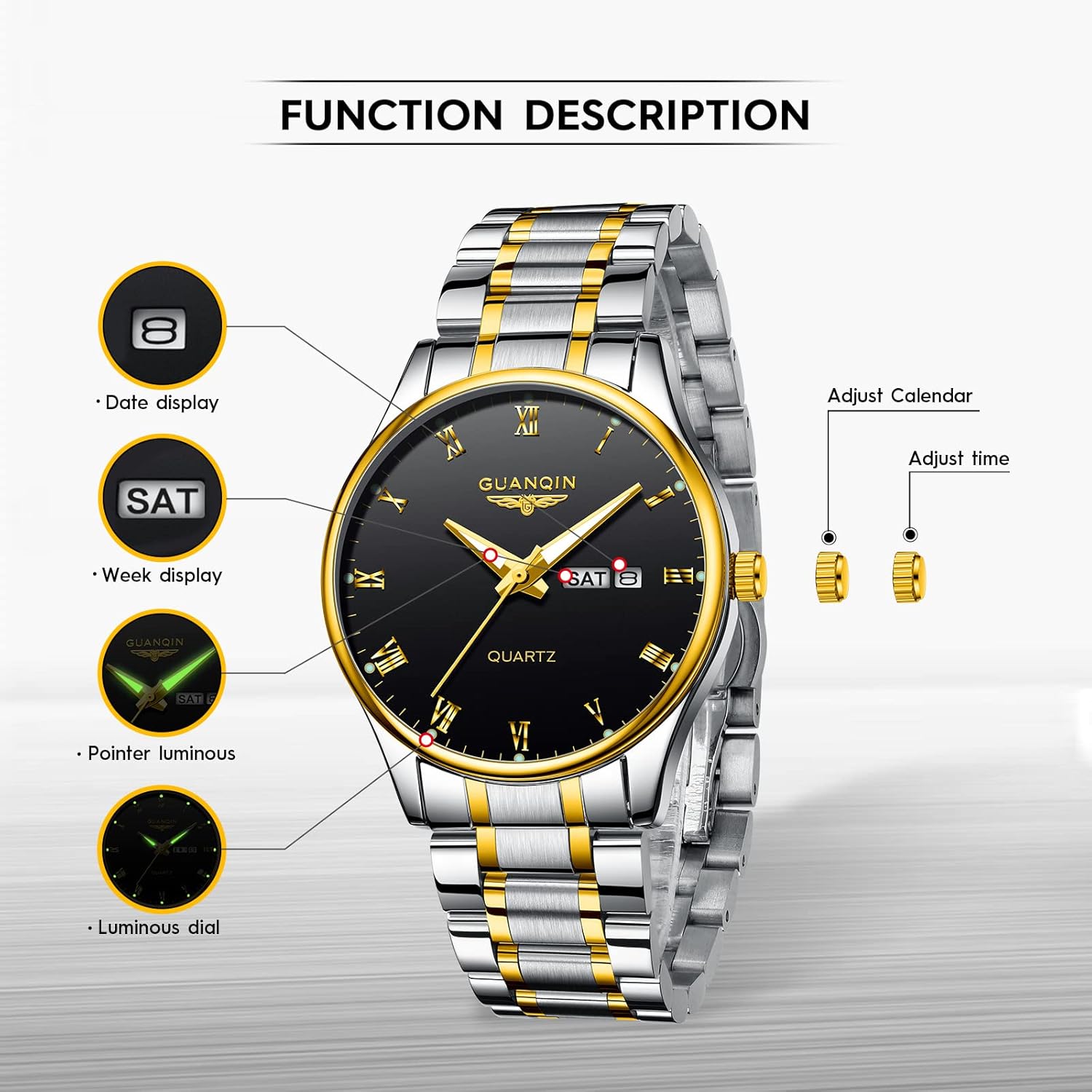 CROWNQIN Fashion Mens Watch Classic Business Wrist Watches with Stainless Steel Waterproof Quartz Watch for Men Auto Date - Image 3