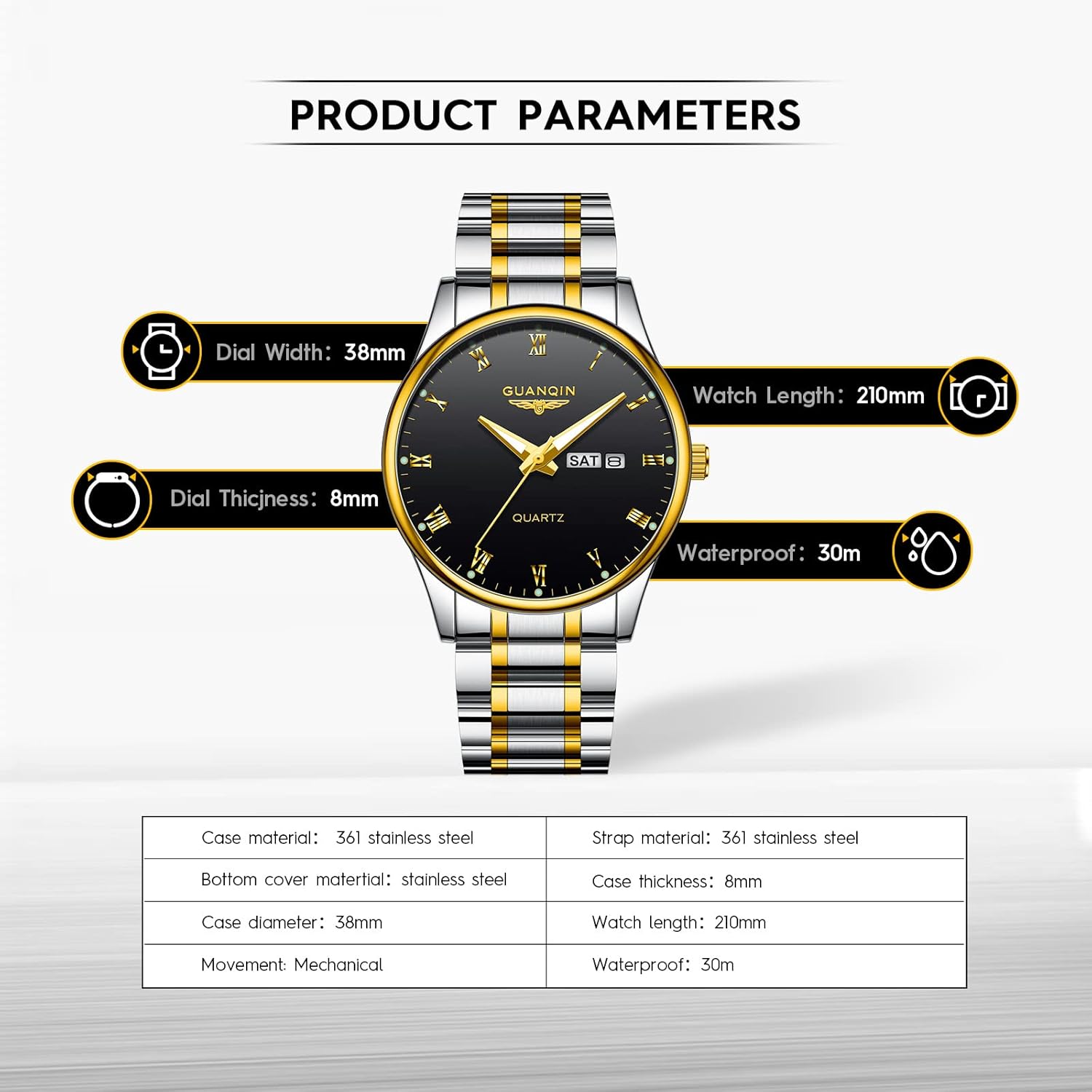 CROWNQIN Fashion Mens Watch Classic Business Wrist Watches with Stainless Steel Waterproof Quartz Watch for Men Auto Date - Image 4