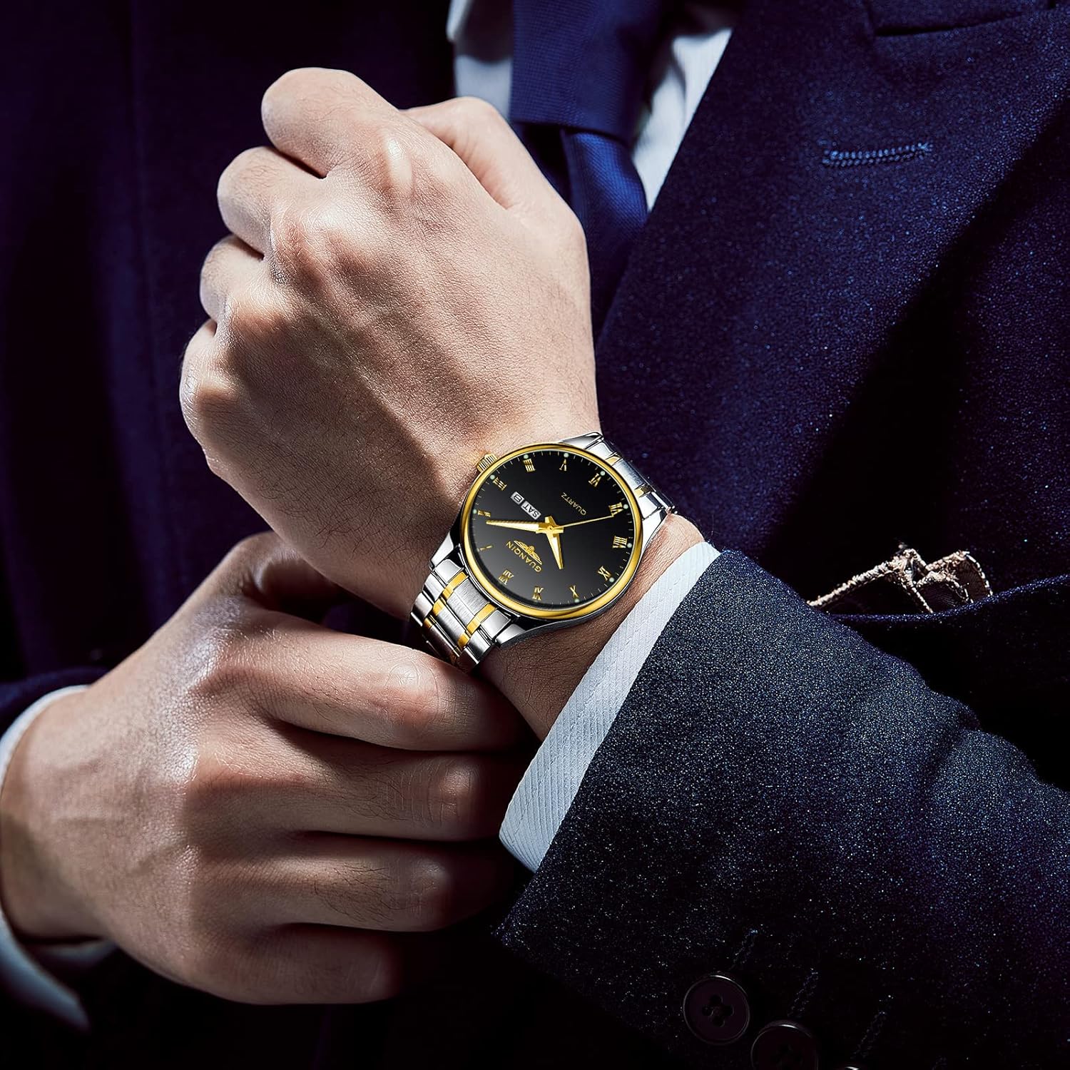 CROWNQIN Fashion Mens Watch Classic Business Wrist Watches with Stainless Steel Waterproof Quartz Watch for Men Auto Date - Image 5