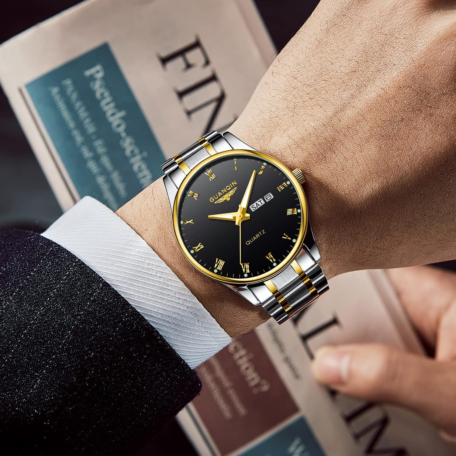 CROWNQIN Fashion Mens Watch Classic Business Wrist Watches with Stainless Steel Waterproof Quartz Watch for Men Auto Date - Image 6