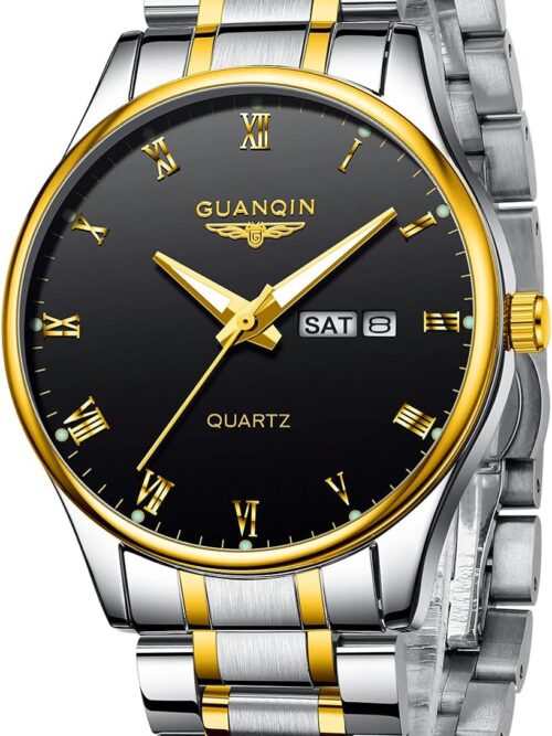 CROWNQIN Fashion Mens Watch Classic Business Wrist Watches with Stainless Steel Waterproof Quartz Watch for Men Auto Date