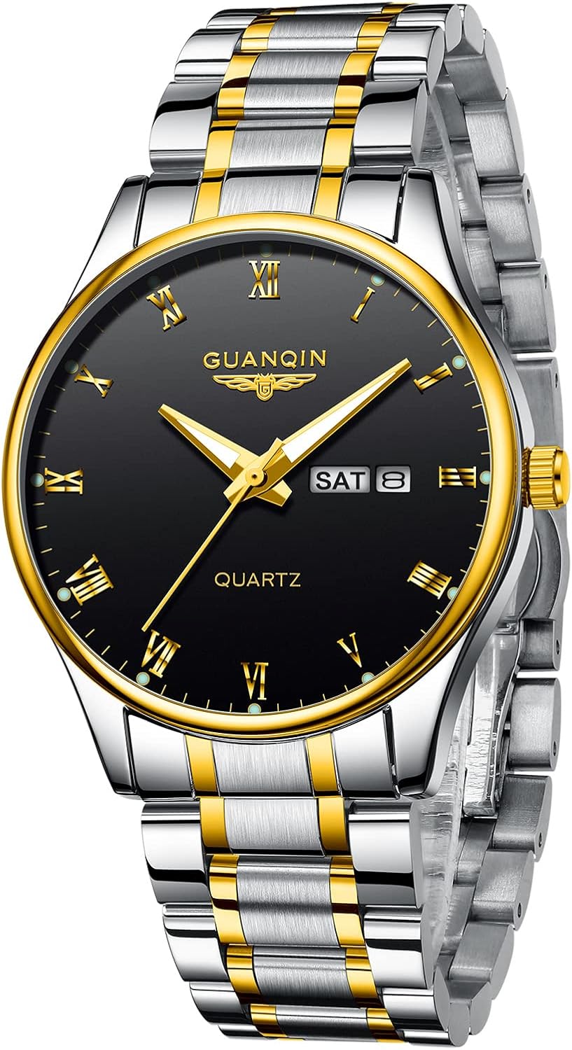 CROWNQIN Fashion Mens Watch Classic Business Wrist Watches with Stainless Steel Waterproof Quartz Watch for Men Auto Date