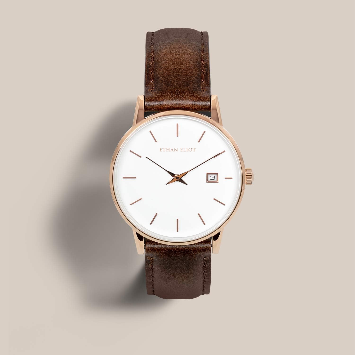 Ethan Eliot Classic Women's Watch, Savannah 36mm Rose Gold Watch for Women with Date, Stainless Steel Rose Gold Case, White Face & Genuine Leather Band, 5ATM Water Resistant Watches - Image 2