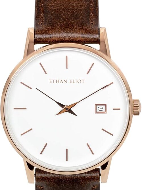Ethan Eliot Classic Women's Watch, Savannah 36mm Rose Gold Watch for Women with Date, Stainless Steel Rose Gold Case, White Face & Genuine Leather Band, 5ATM Water Resistant Watches