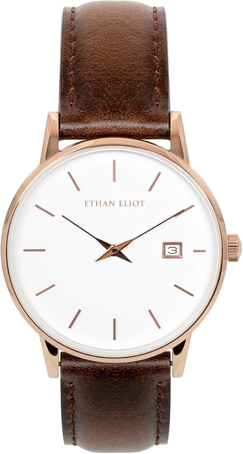 Ethan Eliot Classic Women's Watch, Savannah 36mm Rose Gold Watch for Women with Date, Stainless Steel Rose Gold Case, White Face & Genuine Leather Band, 5ATM Water Resistant Watches