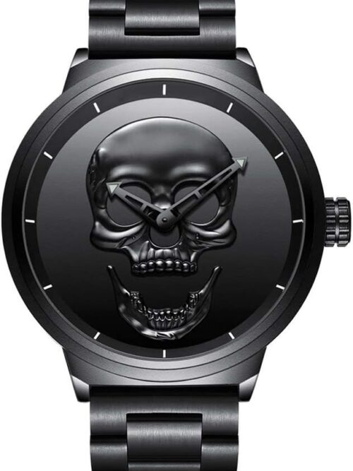 GIMTO Creative Men's 3D Skull Watch Cool Stainless Steel Big Dial Vintage Boy Quartz Military Wristwatch (Black 3D Skull)