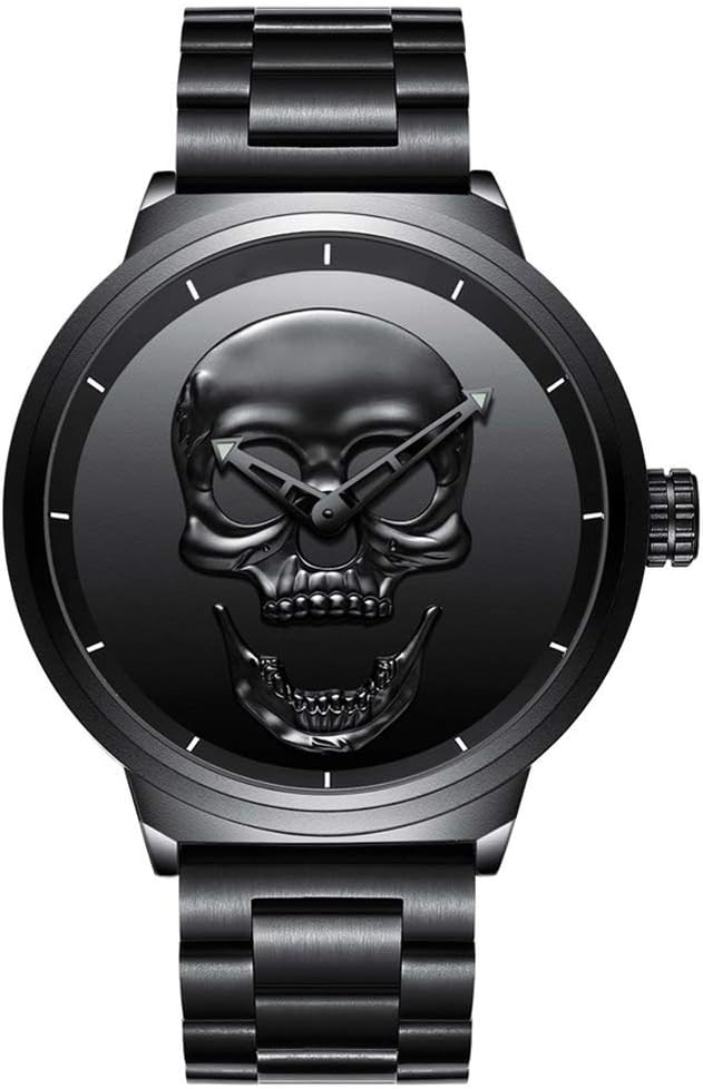 GIMTO Creative Men's 3D Skull Watch Cool Stainless Steel Big Dial Vintage Boy Quartz Military Wristwatch (Black 3D Skull)