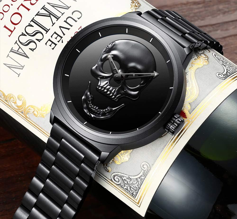 GIMTO Creative Men's 3D Skull Watch Cool Stainless Steel Big Dial Vintage Boy Quartz Military Wristwatch (Black 3D Skull) - Image 4