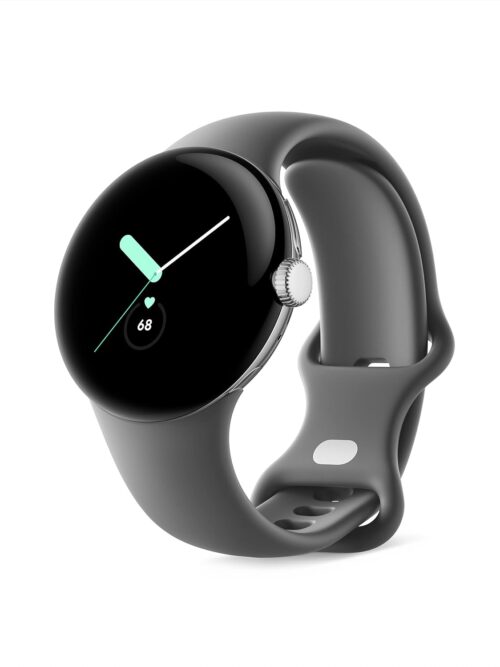 Google Pixel Watch - Android Smartwatch with Fitbit Activity Tracking - Heart Rate Tracking Watch Polished Silver Stainless Steel case with Charcoal Active band - WiFi