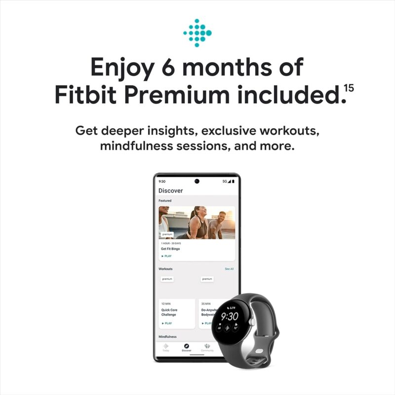 Google Pixel Watch - Android Smartwatch with Fitbit Activity Tracking - Heart Rate Tracking Watch Polished Silver Stainless Steel case with Charcoal Active band - WiFi - Image 5