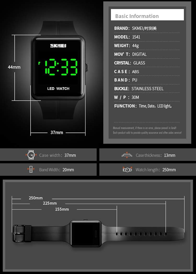 Gosasa Unisex Square LED Digital Watch Large Face Fashion 3Bar Waterproof Sports Electronic for Men Watch for Women Student Silicone Strap Student Military Outdoor Sports Watch - Image 6