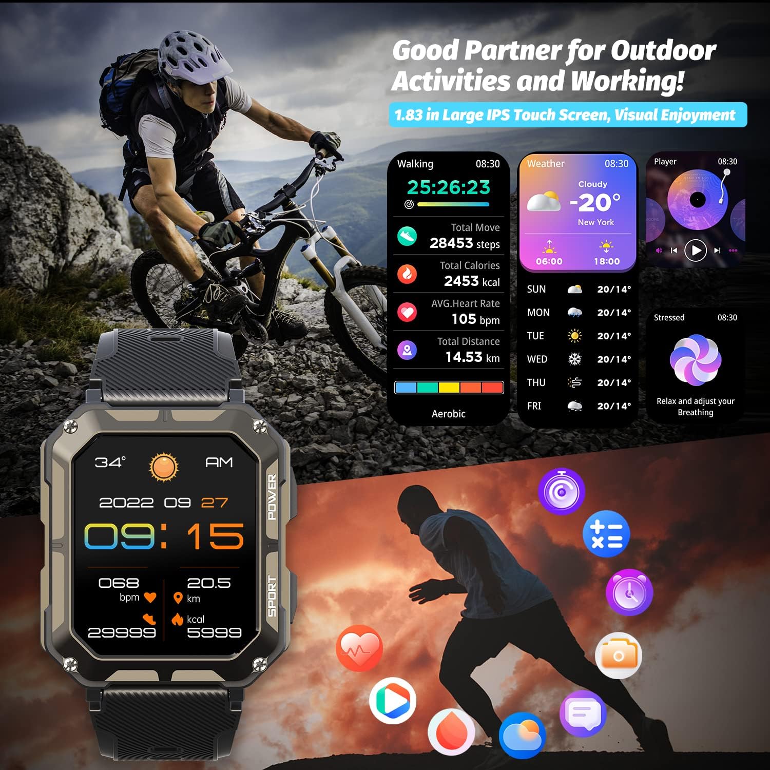 HOFIT Smart Watch for Men, Bluetooth Call(Answer\/Make Call) Mens Watches, Military Rugged Smart Watches, 1.83in HD Touch Screen, Fitness Watch for Android iOS, Activities Tracker, Gifts for Men - Image 6