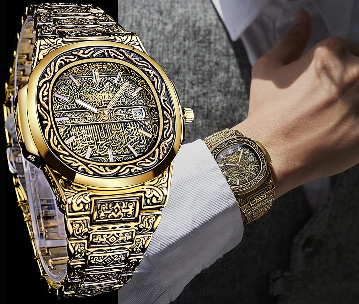 HUNRUY Retro Watches for Men Quartz Watches Tattoo Pattern Carved Stainless Steel Bracelet Waterproof Wrist Watch - Image 6