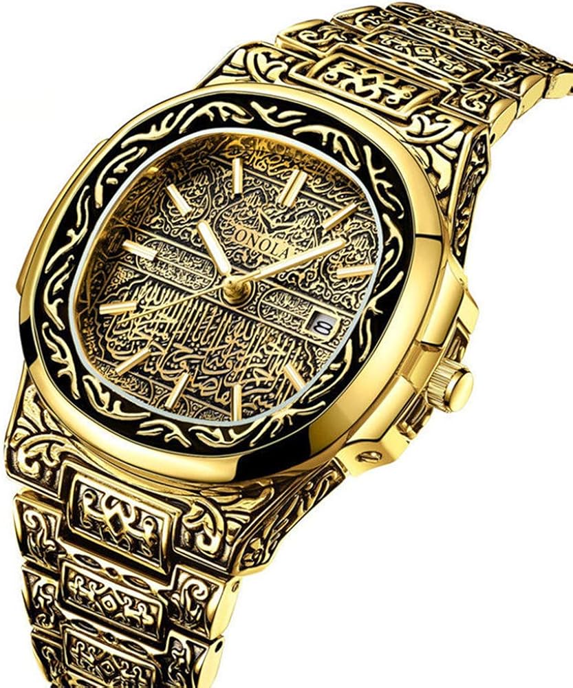 HUNRUY Retro Watches for Men Quartz Watches Tattoo Pattern Carved Stainless Steel Bracelet Waterproof Wrist Watch - Image 2