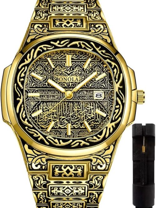 HUNRUY Retro Watches for Men Quartz Watches Tattoo Pattern Carved Stainless Steel Bracelet Waterproof Wrist Watch