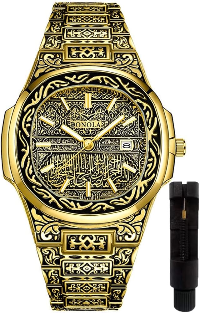 HUNRUY Retro Watches for Men Quartz Watches Tattoo Pattern Carved Stainless Steel Bracelet Waterproof Wrist Watch