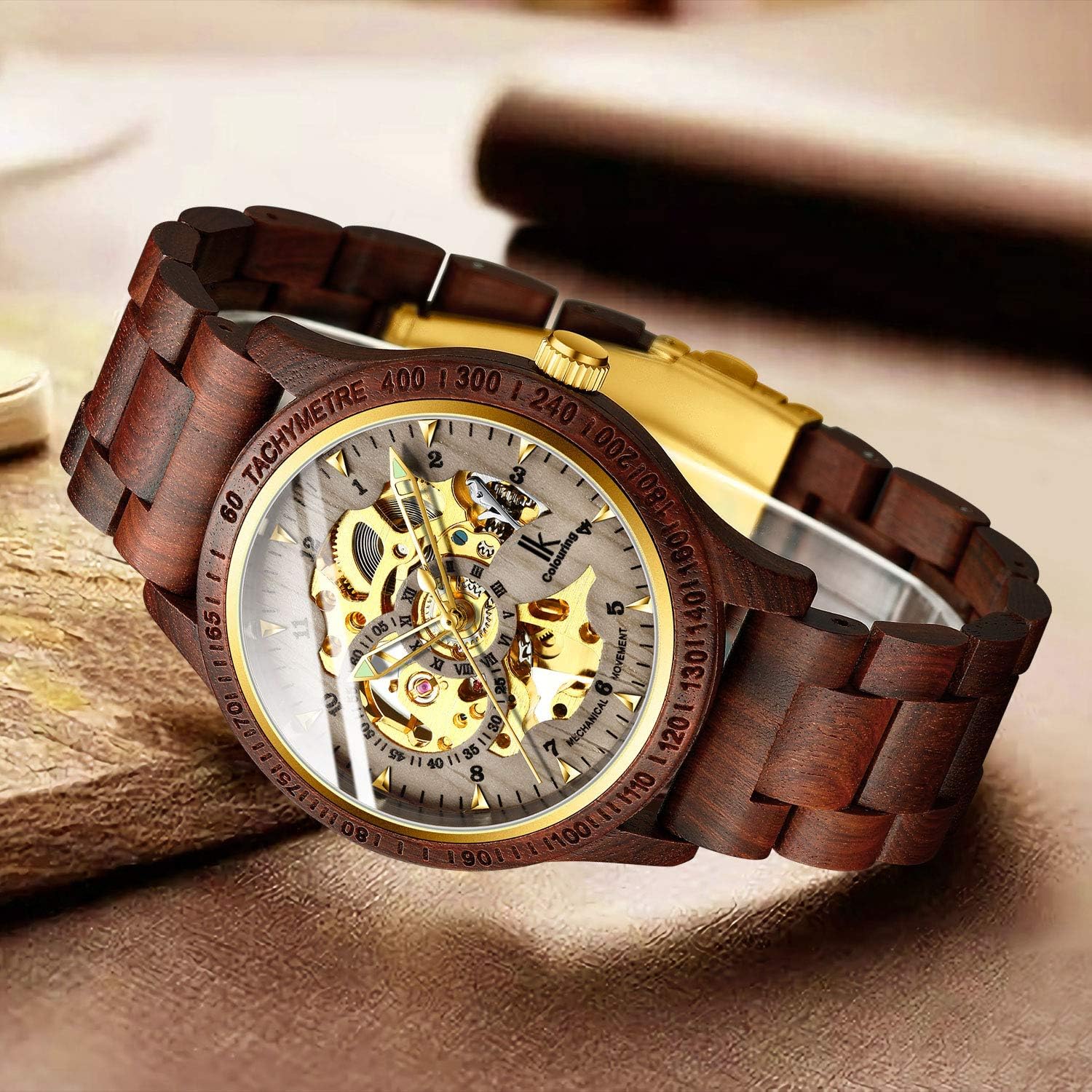 IK COLOURING Men's Watches Luxury Mechanical Wooden Case Skeleton Lumious Automatic Self-Winding Lightweight Genuine Leather Bracelet\/Wood Band Wrist Watch - Image 6