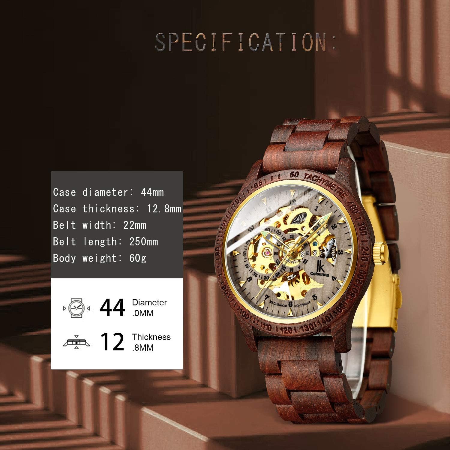 IK COLOURING Men's Watches Luxury Mechanical Wooden Case Skeleton Lumious Automatic Self-Winding Lightweight Genuine Leather Bracelet\/Wood Band Wrist Watch - Image 4