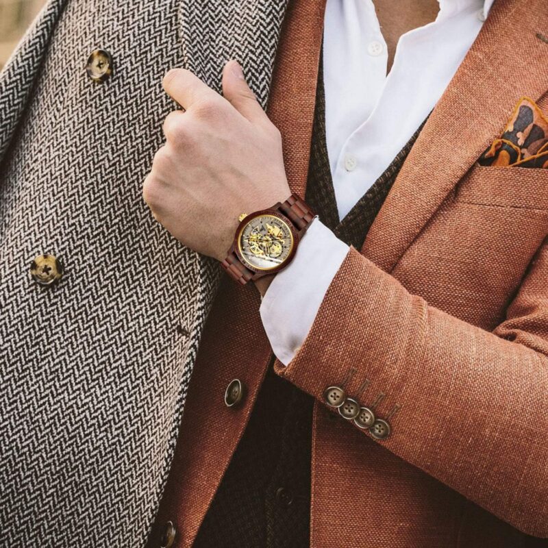 IK COLOURING Men's Watches Luxury Mechanical Wooden Case Skeleton Lumious Automatic Self-Winding Lightweight Genuine Leather Bracelet\/Wood Band Wrist Watch - Image 2