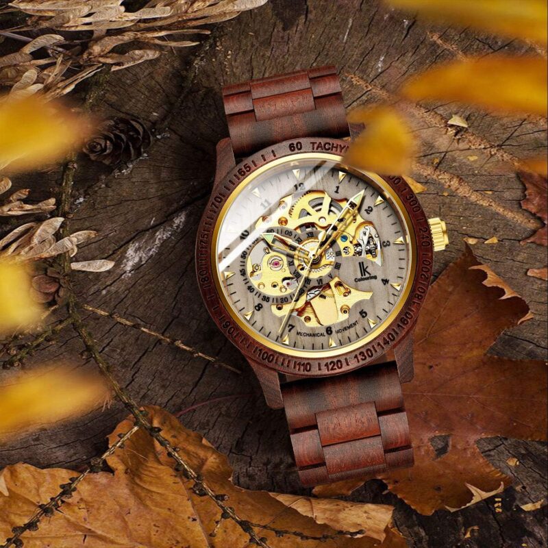 IK COLOURING Men's Watches Luxury Mechanical Wooden Case Skeleton Lumious Automatic Self-Winding Lightweight Genuine Leather Bracelet\/Wood Band Wrist Watch - Image 3
