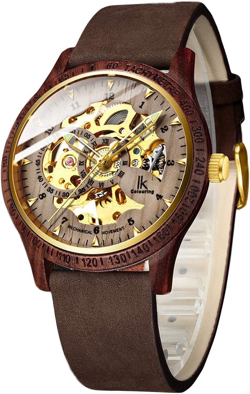IK COLOURING Men's Watches Luxury Mechanical Wooden Case Skeleton Lumious Automatic Self-Winding Lightweight Genuine Leather Bracelet\/Wood Band Wrist Watch - Image 8