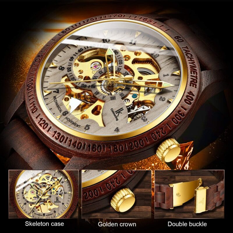 IK COLOURING Men's Watches Luxury Mechanical Wooden Case Skeleton Lumious Automatic Self-Winding Lightweight Genuine Leather Bracelet\/Wood Band Wrist Watch - Image 5
