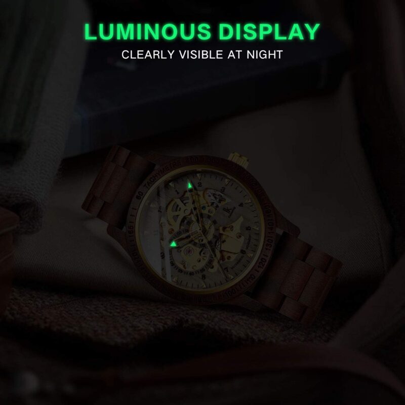 IK COLOURING Men's Watches Luxury Mechanical Wooden Case Skeleton Lumious Automatic Self-Winding Lightweight Genuine Leather Bracelet\/Wood Band Wrist Watch - Image 7