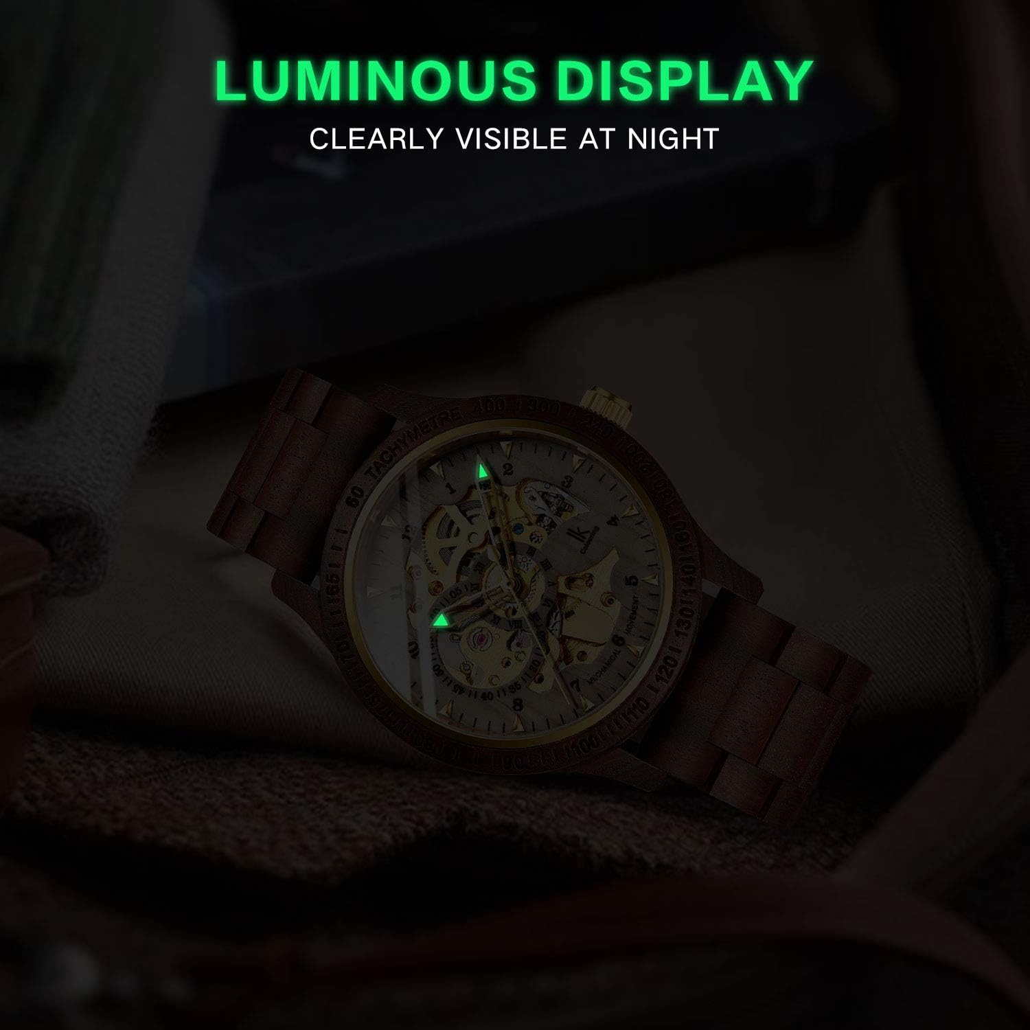 IK COLOURING Men's Watches Luxury Mechanical Wooden Case Skeleton Lumious Automatic Self-Winding Lightweight Genuine Leather Bracelet\/Wood Band Wrist Watch - Image 7