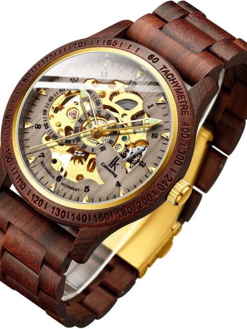IK COLOURING Men's Watches Luxury Mechanical Wooden Case Skeleton Lumious Automatic Self-Winding Lightweight Genuine Leather Bracelet\/Wood Band Wrist Watch