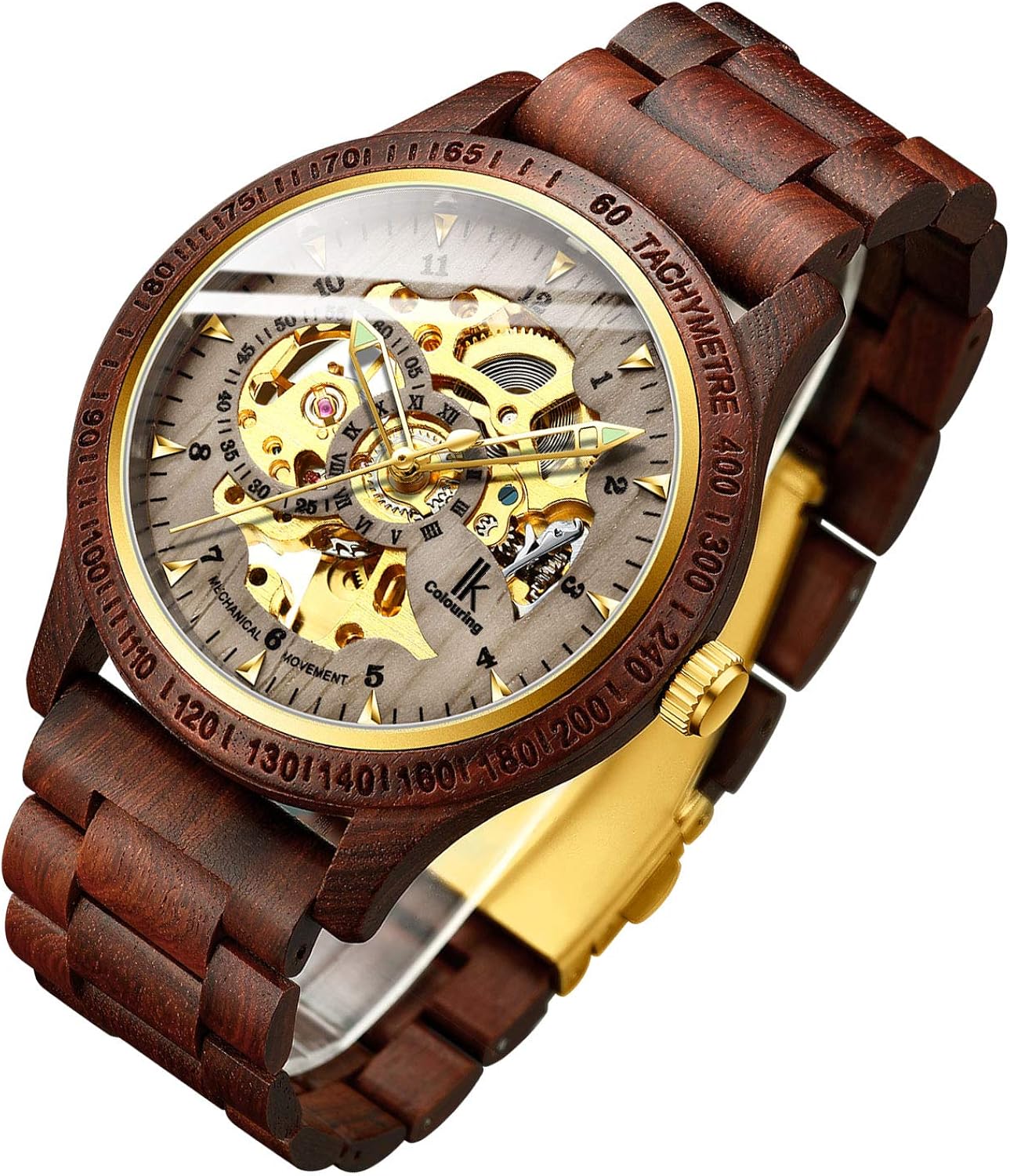 IK COLOURING Men's Watches Luxury Mechanical Wooden Case Skeleton Lumious Automatic Self-Winding Lightweight Genuine Leather Bracelet\/Wood Band Wrist Watch