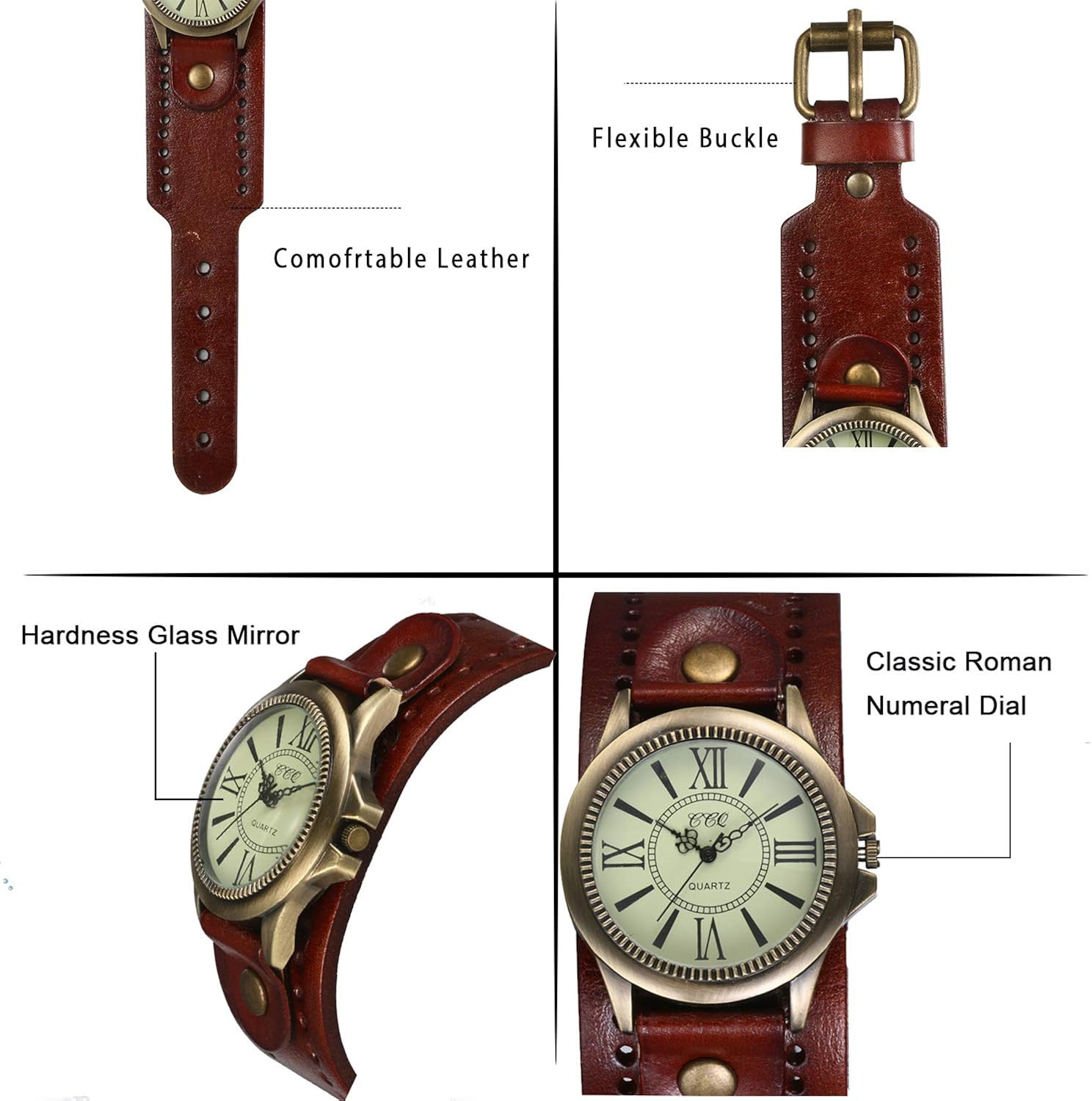 JewelryWe Vintage Wrist Watch Wide Leather Strap Band Cuff Quartz Watches for Men Women, for Father\u2019s Day - Image 5