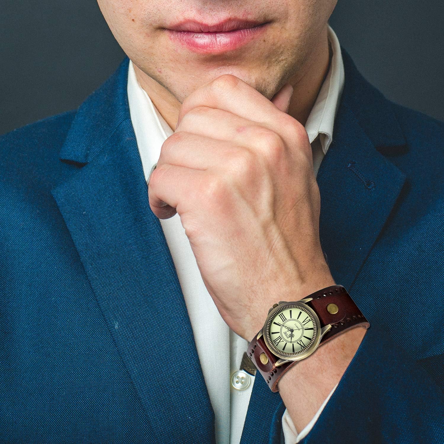 JewelryWe Vintage Wrist Watch Wide Leather Strap Band Cuff Quartz Watches for Men Women, for Father\u2019s Day - Image 2