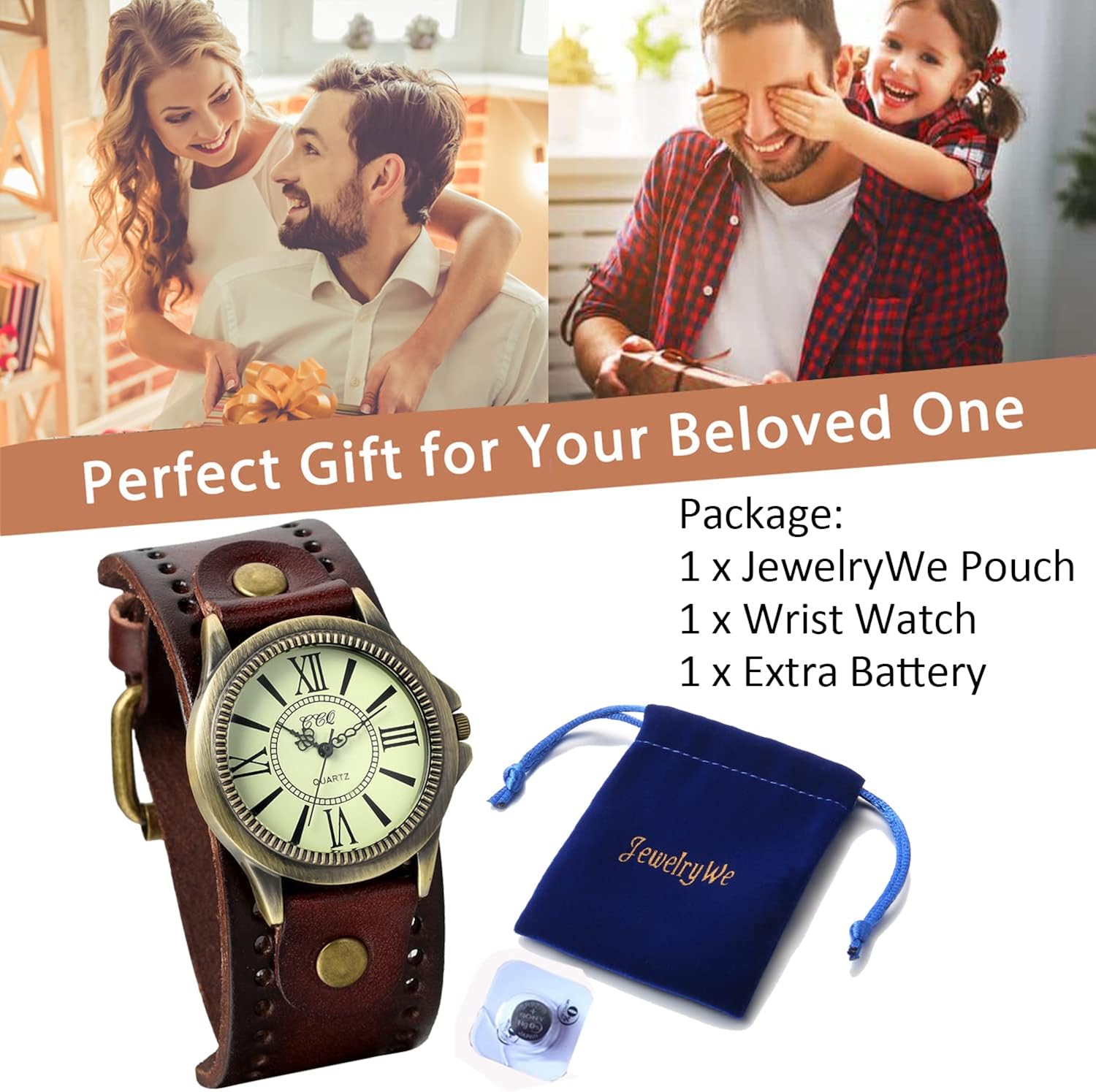 JewelryWe Vintage Wrist Watch Wide Leather Strap Band Cuff Quartz Watches for Men Women, for Father\u2019s Day - Image 3